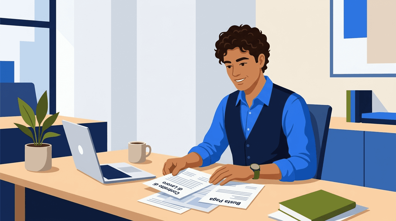 عامل يراجع Contratto di Lavoro وBusta Paga في مكتب حديث