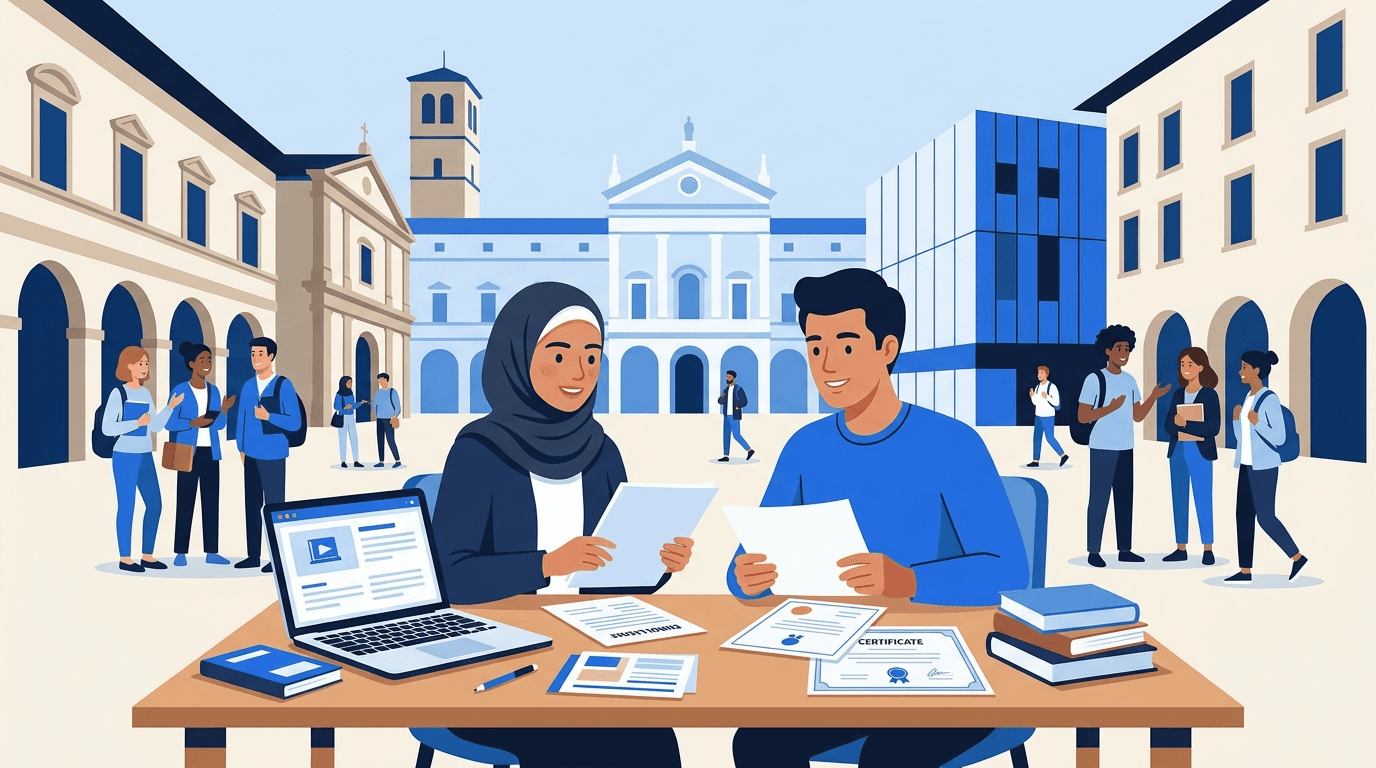 طلاب عرب في جامعة إيطالية يراجعون وثائق الدراسة